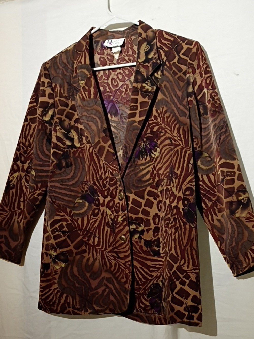 Vintage Women's Animal-Print Floral Blazer Jacket, Brown Tan Purple, Sz 10, NWOT